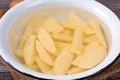 Sliced potatoes in water in a metal bowl Royalty Free Stock Photo