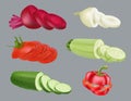 Sliced products. Vegetables collection pepper zucchini onion tomato and cucumber decent vector realistic illustrations