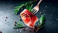 Sliced prosciutto with rosemary on a fork. Generated AI