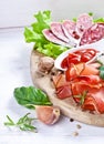 Sliced prosciutto in white wooden background