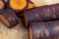 Sliced purple-orange carrots on the table Royalty Free Stock Photo