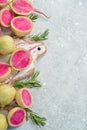 Sliced radish watermelon on the kitchen stone table, diet food. Royalty Free Stock Photo