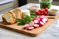 sliced radishes and bread platter for preparing bruschetta