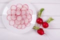 Sliced Radishes on white plate ready for salad