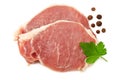 Sliced raw pork meat with parsley and peppercorns isolated on white background. top view Royalty Free Stock Photo