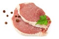 Sliced raw pork meat with parsley and peppercorns isolated on white background. top view Royalty Free Stock Photo
