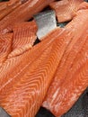 Sliced raw salmon or fresh salmon. Salmon fillets for sale at market displayed with a patchwork effect. Many fresh salmon fish Royalty Free Stock Photo
