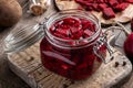 Sliced red beets in a jar - preparation of fermented beet kvass