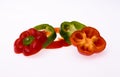 Sliced red and green bell peppers