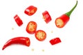 sliced red hot chili peppers isolated on white background. top view Royalty Free Stock Photo