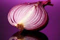 Sliced red onion exhibits translucent layers on a pink purple reflection