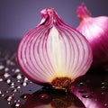 Sliced red onion exhibits translucent layers on a pink purple reflection