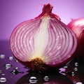 Sliced red onion exhibits translucent layers on a pink purple reflection Royalty Free Stock Photo