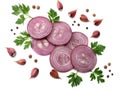 sliced red onion with parsley, garlic and spices isolated on white background top view Royalty Free Stock Photo