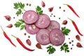 sliced red onion with parsley, garlic and spices isolated on white background top view Royalty Free Stock Photo