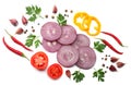 sliced red onion with parsley, garlic and spices isolated on white background top view Royalty Free Stock Photo