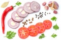 sliced red onion, red hot chili pepper, tomato, garlic and spices isolated on white background. top view Royalty Free Stock Photo