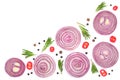 Sliced red onion with rosemary and peppercorns isolated on white background with copy space for your text. Top view Royalty Free Stock Photo