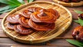 Sliced reishi mushrooms displayed on a bamboo tray emphasizing their adaptogenic and immuneboosting properties Generative AI