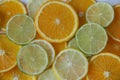 Sliced rings of orange, lemon, lime on white background. . Healthy food, detox, diet. Royalty Free Stock Photo