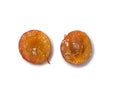 Sliced ripe cherry plum. Plum variety. Red fruit, two halves
