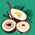 Sliced ripe coconut with leaf on green background. Vector illustration Generative AI