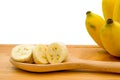 Sliced of ripe cultivated bananas on the wooden spoon that isolated on a white background Royalty Free Stock Photo
