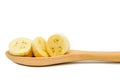 Sliced of ripe cultivated bananas on the wooden spoon that isolated on a white background Royalty Free Stock Photo