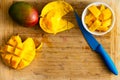 Sliced ripe mango on a bamboo cutting board