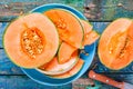 Sliced ripe melon on a plate on a rustic background