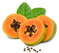 Sliced ripe papaya fruit with green leaves  isolated on white background. exotic fruit. clipping path Royalty Free Stock Photo