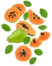 Flying sliced ripe papaya fruit isolated on white background. exotic fruit. clipping path Royalty Free Stock Photo