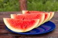 Sliced ripe red watermelon on a blue plate on a wooden table Royalty Free Stock Photo