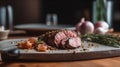 Sliced roast beef with spices and herbs on a cutting board. AI Generated