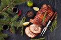 Sliced roast pork roulade with red wine Royalty Free Stock Photo