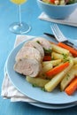 Sliced roast pork tenderloin with potatoes and carrots Royalty Free Stock Photo