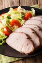 Sliced roast pork tenderloin with vegetable salad close-up on a Royalty Free Stock Photo