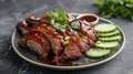 Sliced roasted duck served with cucumbers and sauce on a dark background