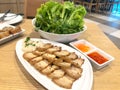 Sliced roasted pork with white noodle and fresh salad,Asia food