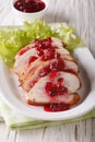 Sliced roasted turkey breast with cranberry sauce on a plate close-up. vertical Royalty Free Stock Photo