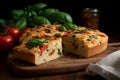 Sliced round focaccia with tomatoes and basil. Generate ai