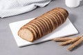 Sliced rye bread on cutting board. Whole grain rye bread Royalty Free Stock Photo