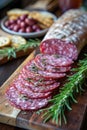 Sliced salami with herbs on a wooden board, with olives and bread. Royalty Free Stock Photo