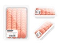 Sliced salami in plastic package for grocery market vector illustration on white background