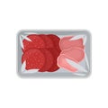 Sliced salami sausage and ham in the package with transparent wrap, food plastic tray container vector Illustration on a