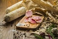 Sliced salami sausage on a kitchen board Royalty Free Stock Photo