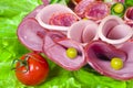 Sliced salami sausage and rolled ham Royalty Free Stock Photo