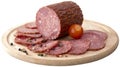 sliced salami on wooden board isolated