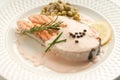 Sliced salmon with cream sauce