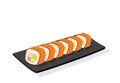 Sliced Salmon sushi roll on black plate, isolated Royalty Free Stock Photo